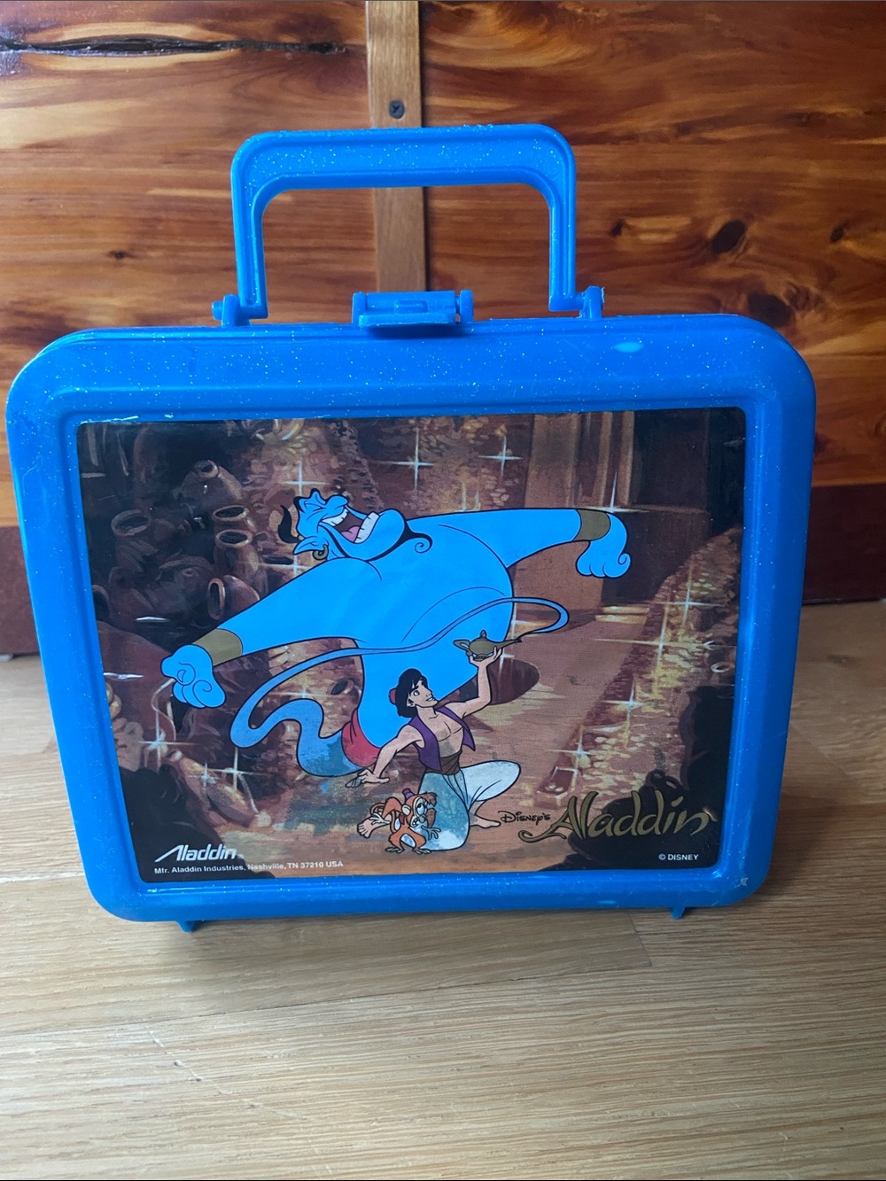 Vintage Disney’s Aladdin Genie 🧞‍♂️ Blue Glitter Plastic Lunch Box Pail Lunchbox